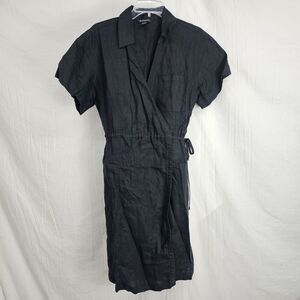 Athleta Playa Wrap Linen Dress Women's 8 Black 100% Linen Short Sleeve Tied
